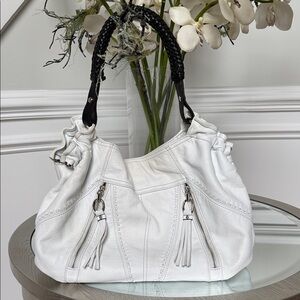 B Makowsky White Leather Shoulder Bag with Black Braided Handle